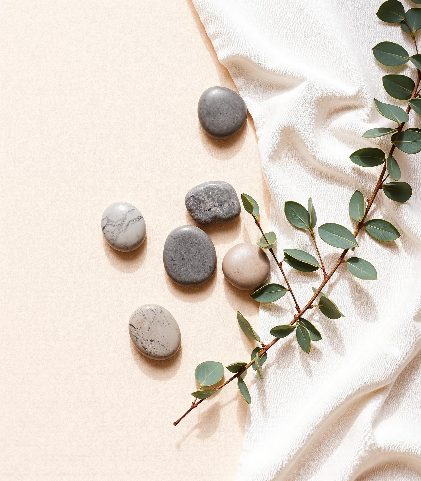 Stones and eucalyptus on linen, minimal spa still life
